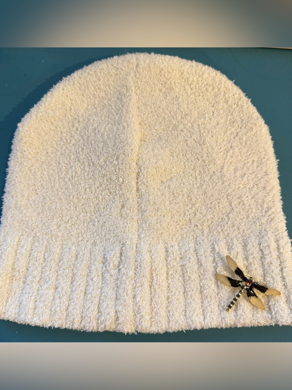 Cozy Cream Women's Beanie Hat with Decorative Dragonfly Pin